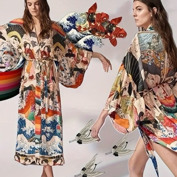 Asian Inspired Print Kimono with self tie belt - Picture 9 of 12